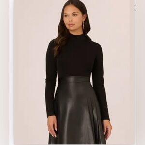 Elegant Black Turtleneck Long Sleeved Dress With Faux Leather Skirt  Size XS